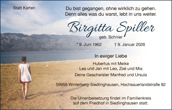 Traueranzeige von Birgitta Spiller von HASK