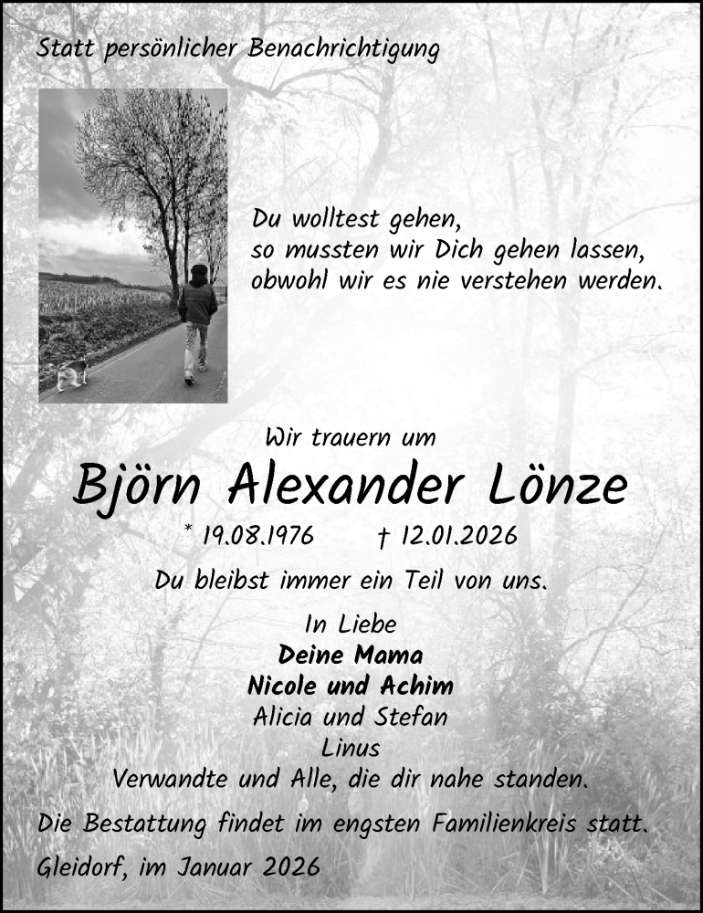  Traueranzeige für Björn Alexander Lönze vom 24.01.2026 aus HASK