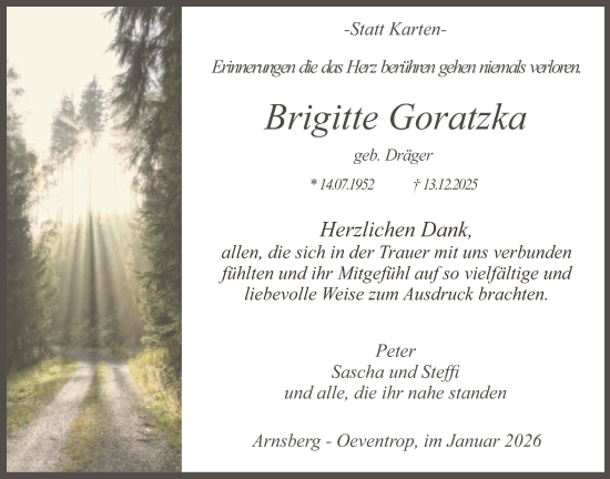 Traueranzeige von Brigitte Goratzka von HASK