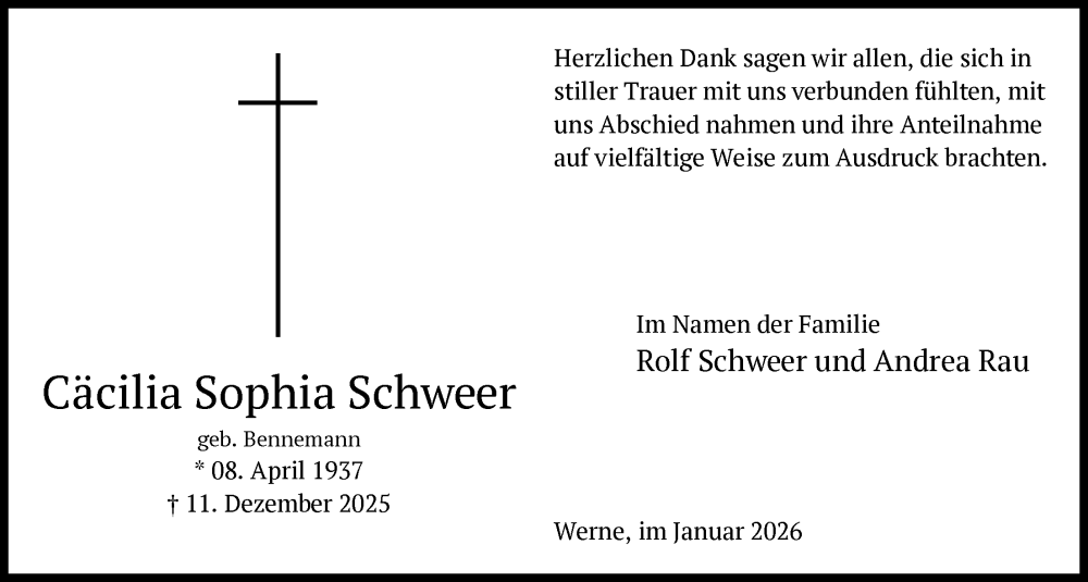  Traueranzeige für Cäcilia Sophia Schweer vom 17.01.2026 aus HAWA