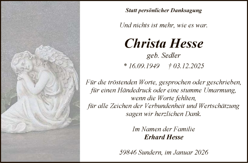  Traueranzeige für Christa Hesse vom 17.01.2026 aus HASK
