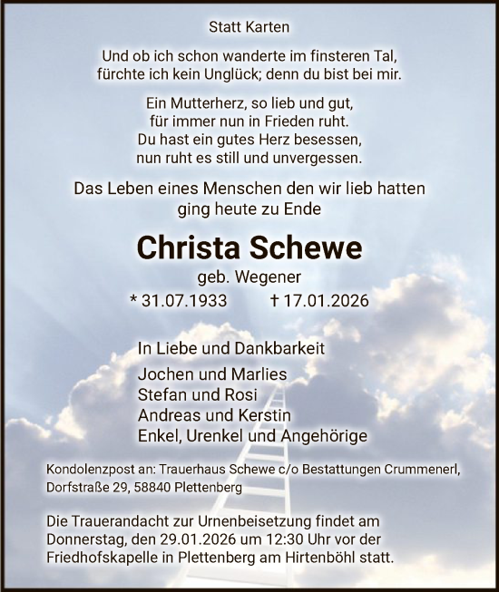 Traueranzeige von Christa Schewe von HALN