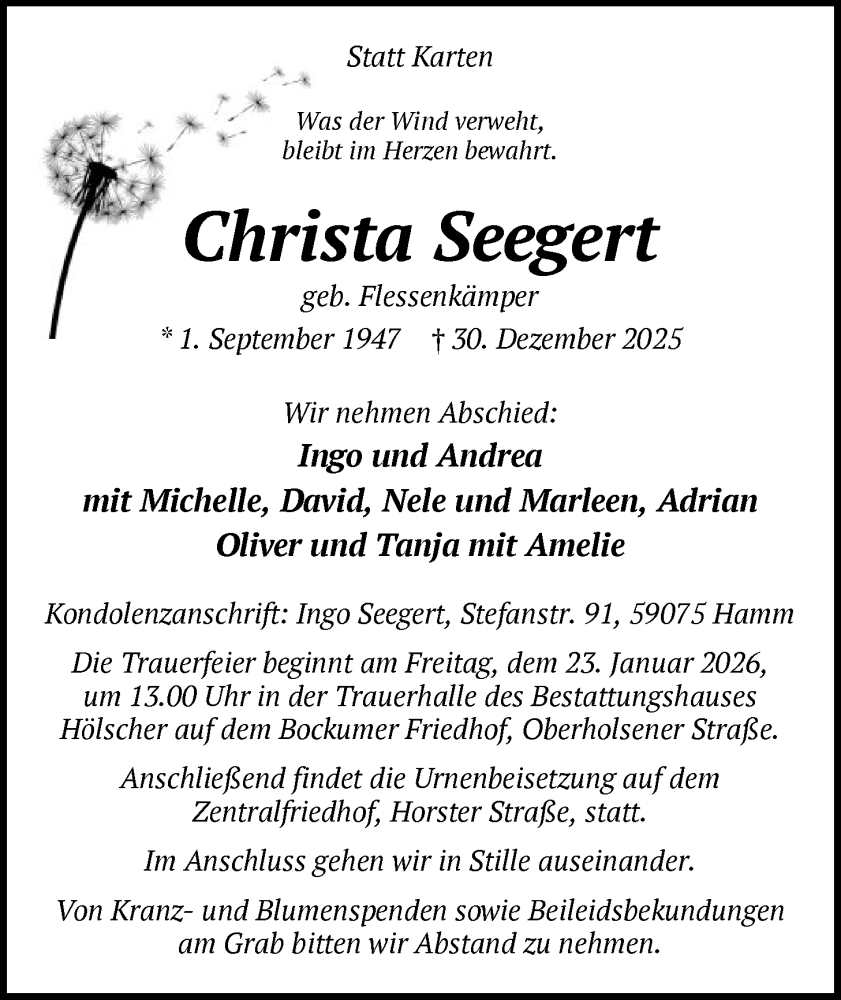  Traueranzeige für Christa Seegert vom 17.01.2026 aus HAWA