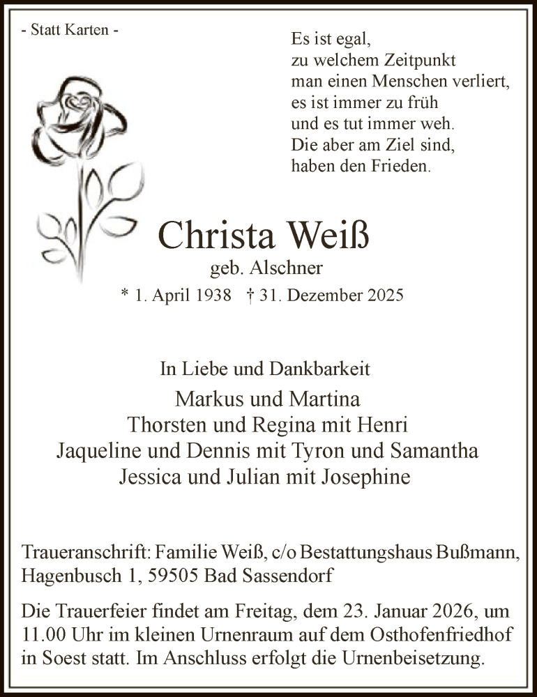  Traueranzeige für Christa Weiß vom 17.01.2026 aus HASO