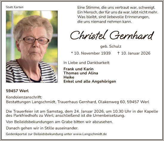 Traueranzeige von Christel Gernhard von HASO