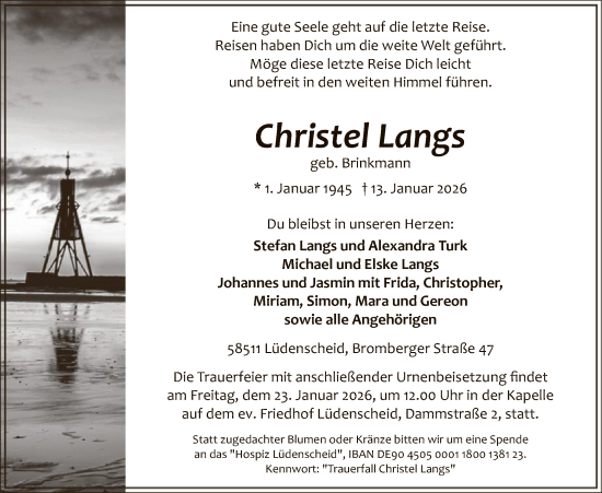 Traueranzeige von Christel Langs von HALN