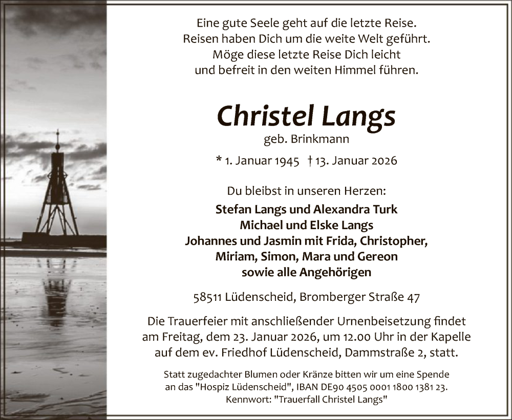  Traueranzeige für Christel Langs vom 17.01.2026 aus HALN