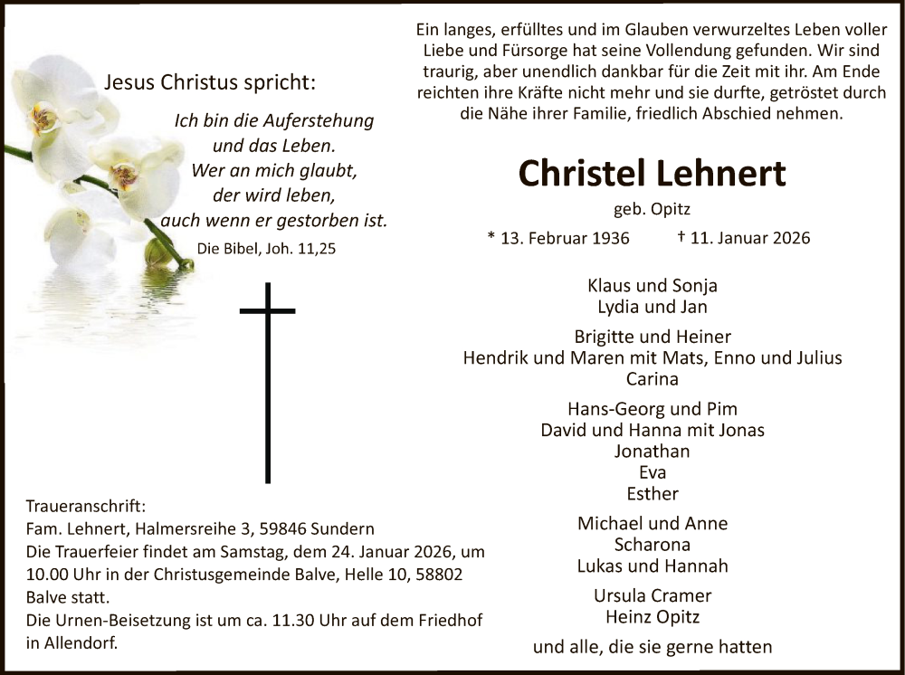  Traueranzeige für Christel Lehnert vom 17.01.2026 aus HASK