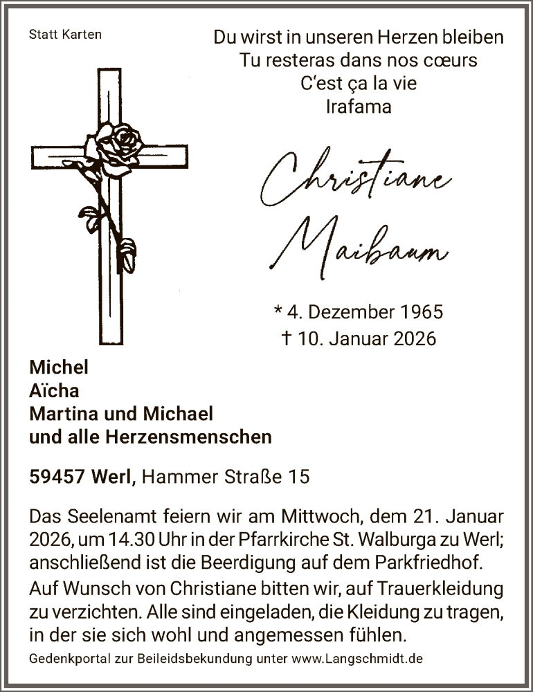  Traueranzeige für Christiane Maibaum vom 17.01.2026 aus HASO