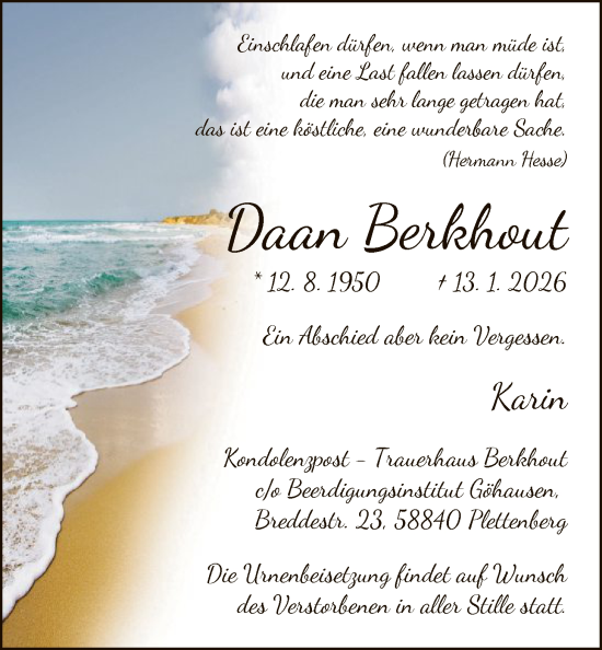 Traueranzeige von Daan Berkhout von HALN