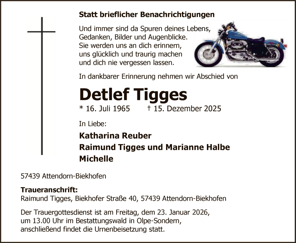  Traueranzeige für Detlef Tigges vom 17.01.2026 aus HASK