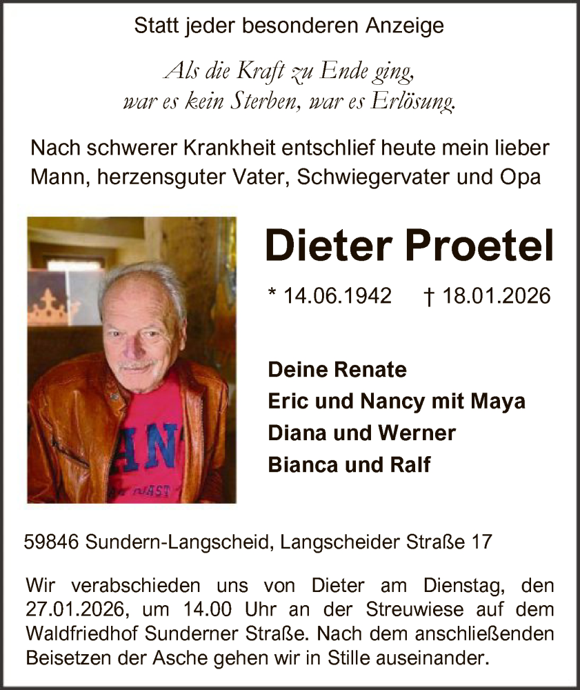  Traueranzeige für Dieter Proetel vom 24.01.2026 aus HASK