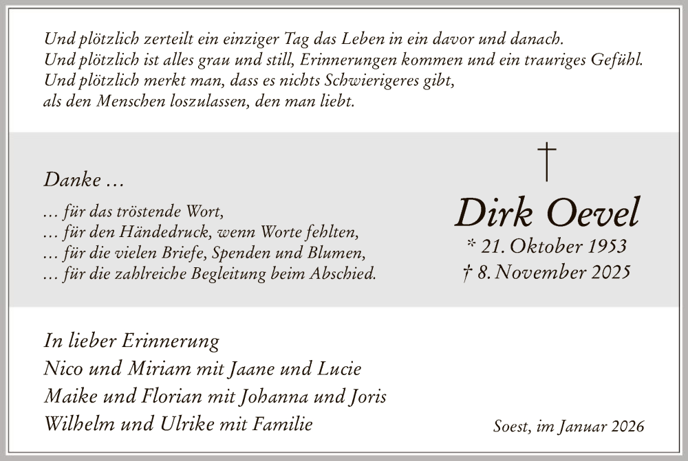  Traueranzeige für Dirk Oevel vom 24.01.2026 aus HASO