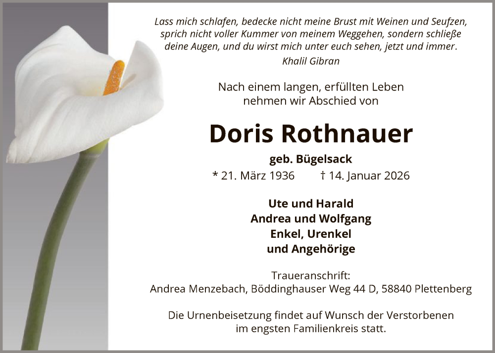  Traueranzeige für Doris Rothnauer vom 24.01.2026 aus HALN