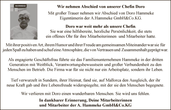 Traueranzeige von Doro Hammeke von HASK