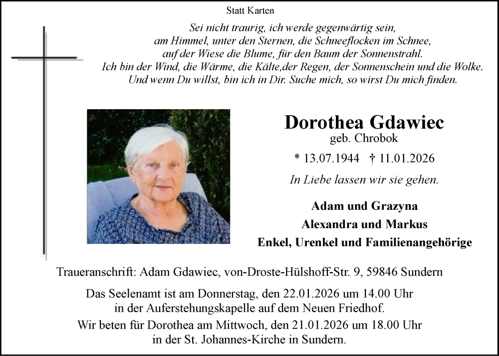  Traueranzeige für Dorothea Gdawiec vom 17.01.2026 aus HASK
