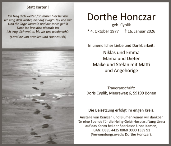 Traueranzeige von Dorthe Honczar von HAWA