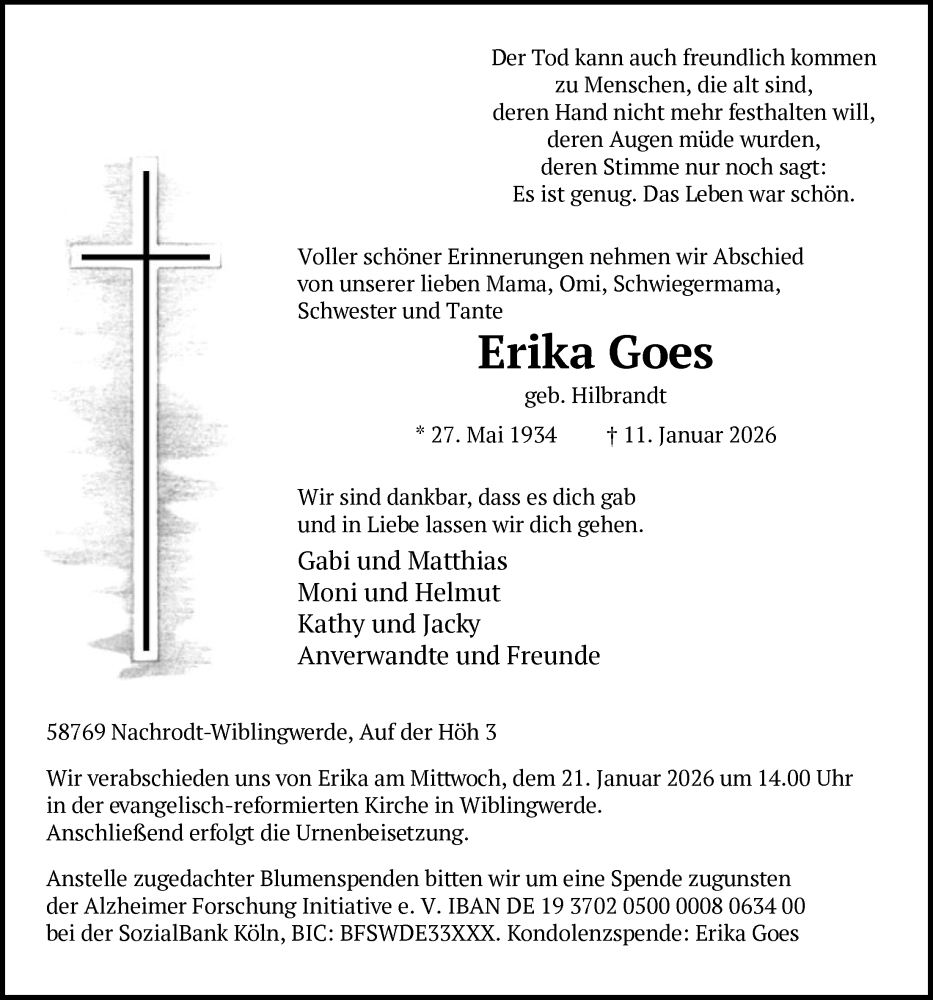  Traueranzeige für Erika Goes vom 16.01.2026 aus HALN