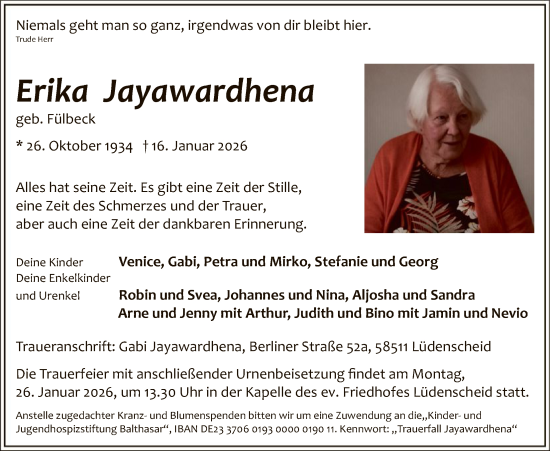 Traueranzeige von Erika Jayawardhena von HALN