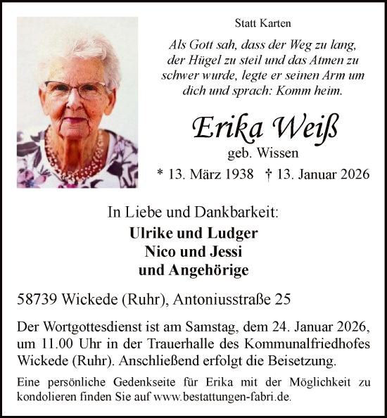 Traueranzeige von Erika Weiß von HASO