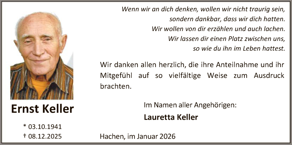  Traueranzeige für Ernst Keller vom 10.01.2026 aus HASK