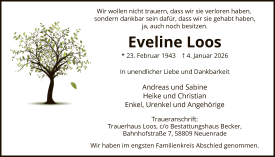 Traueranzeige von Eveline Loos von HALN