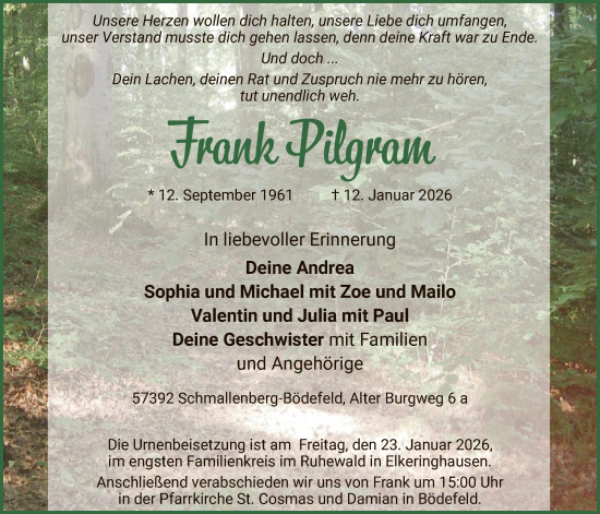 Traueranzeige von Frank Pilgram von HASK