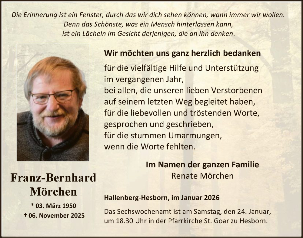  Traueranzeige für Franz-Bernhard Mörchen vom 17.01.2026 aus HASK