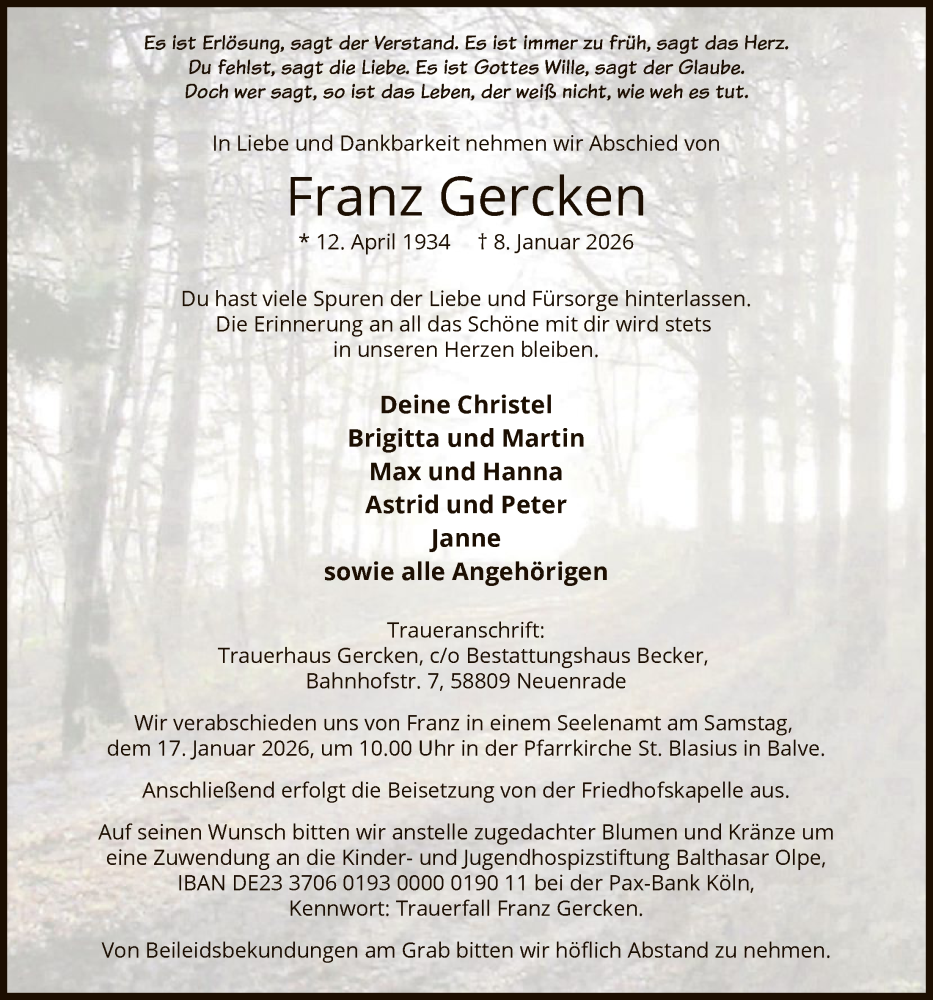  Traueranzeige für Franz Gercken vom 14.01.2026 aus HALN