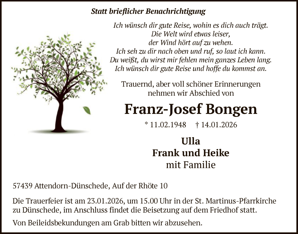  Traueranzeige für Franz-Josef Bongen vom 17.01.2026 aus HASK
