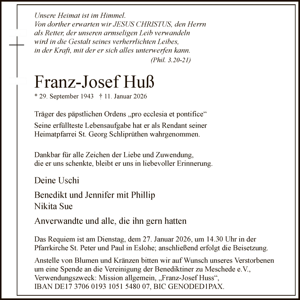  Traueranzeige für Franz-Josef Huß vom 17.01.2026 aus HASK