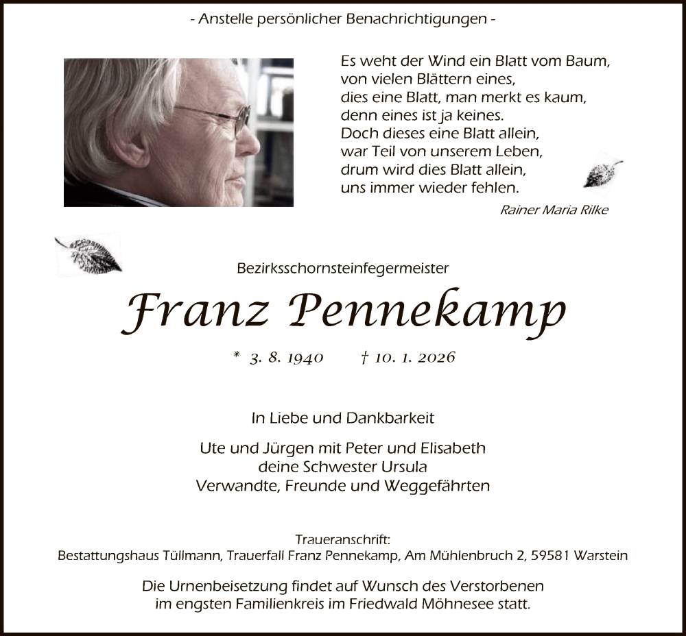  Traueranzeige für Franz Pennekamp vom 24.01.2026 aus HASO