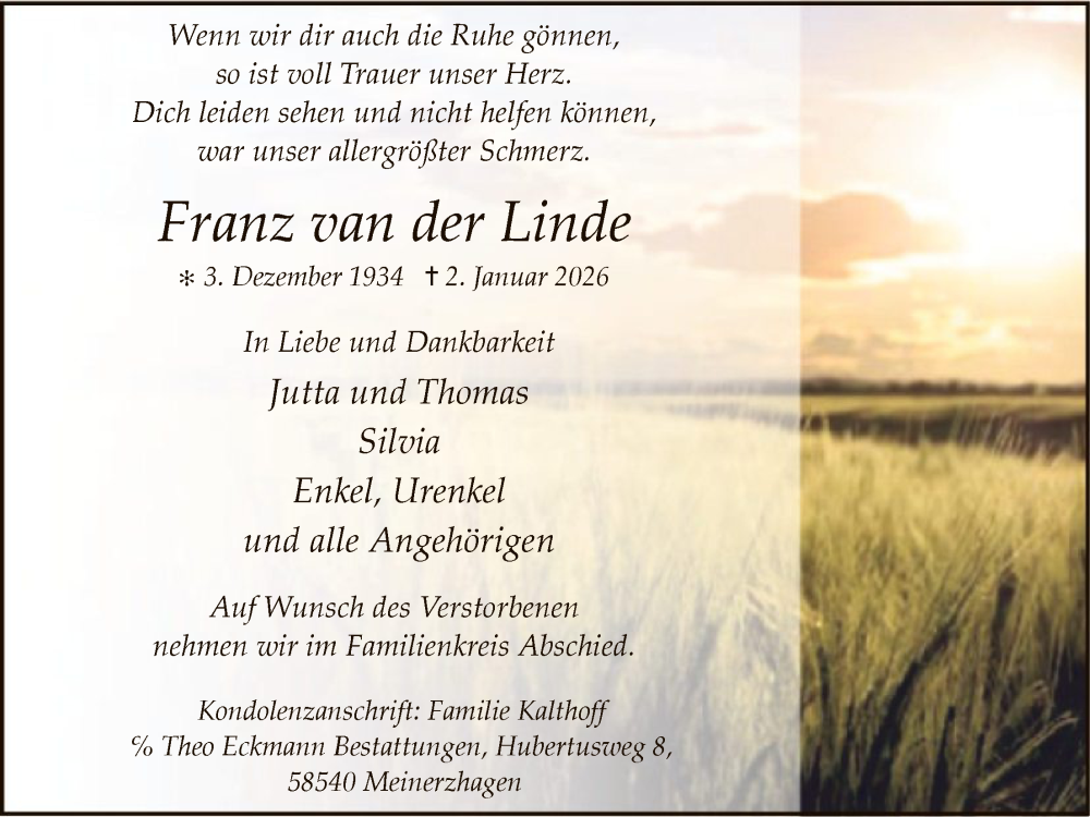  Traueranzeige für Franz van der Linde vom 10.01.2026 aus HALN