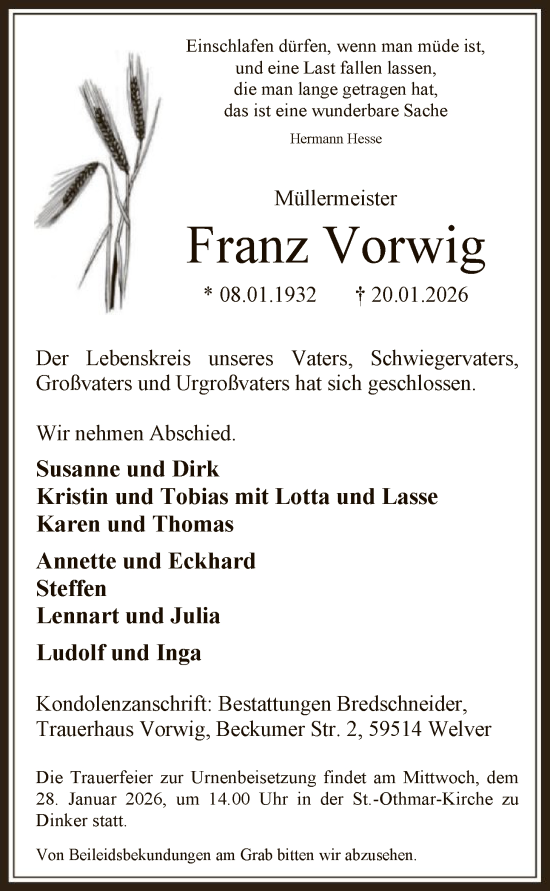 Traueranzeige von Franz Vorwig von HASO
