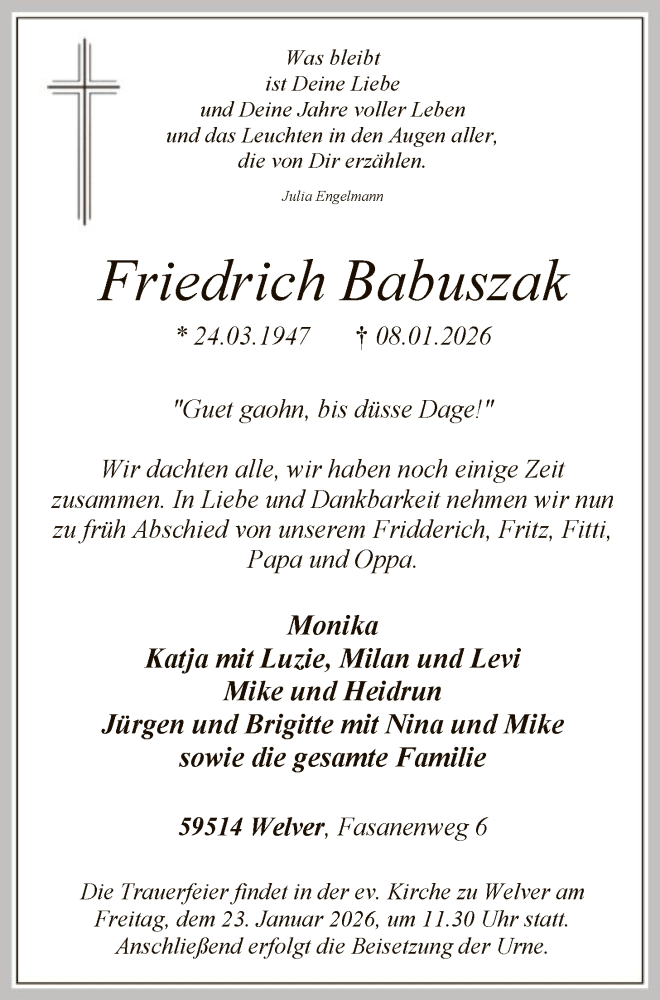  Traueranzeige für Friedrich Babuszak vom 17.01.2026 aus HASO
