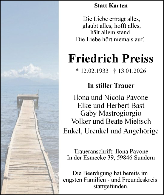 Traueranzeige von Friedrich Preiss von HALN