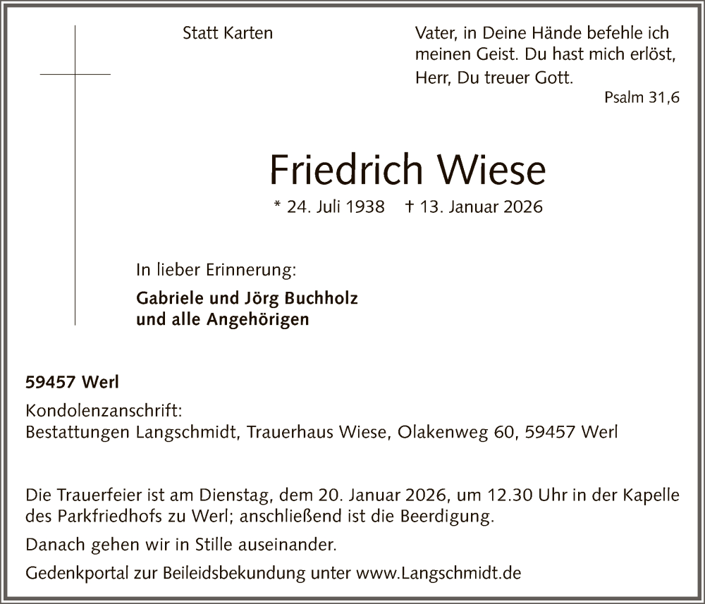 Traueranzeige für Friedrich Wiese vom 17.01.2026 aus HASO