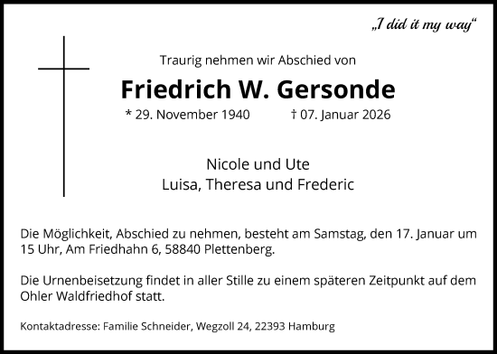 Traueranzeige von Friedrich W. Gersonde von HALN