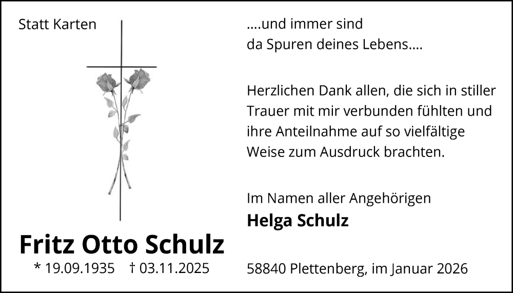  Traueranzeige für Fritz Otto Schulz vom 24.01.2026 aus HALN