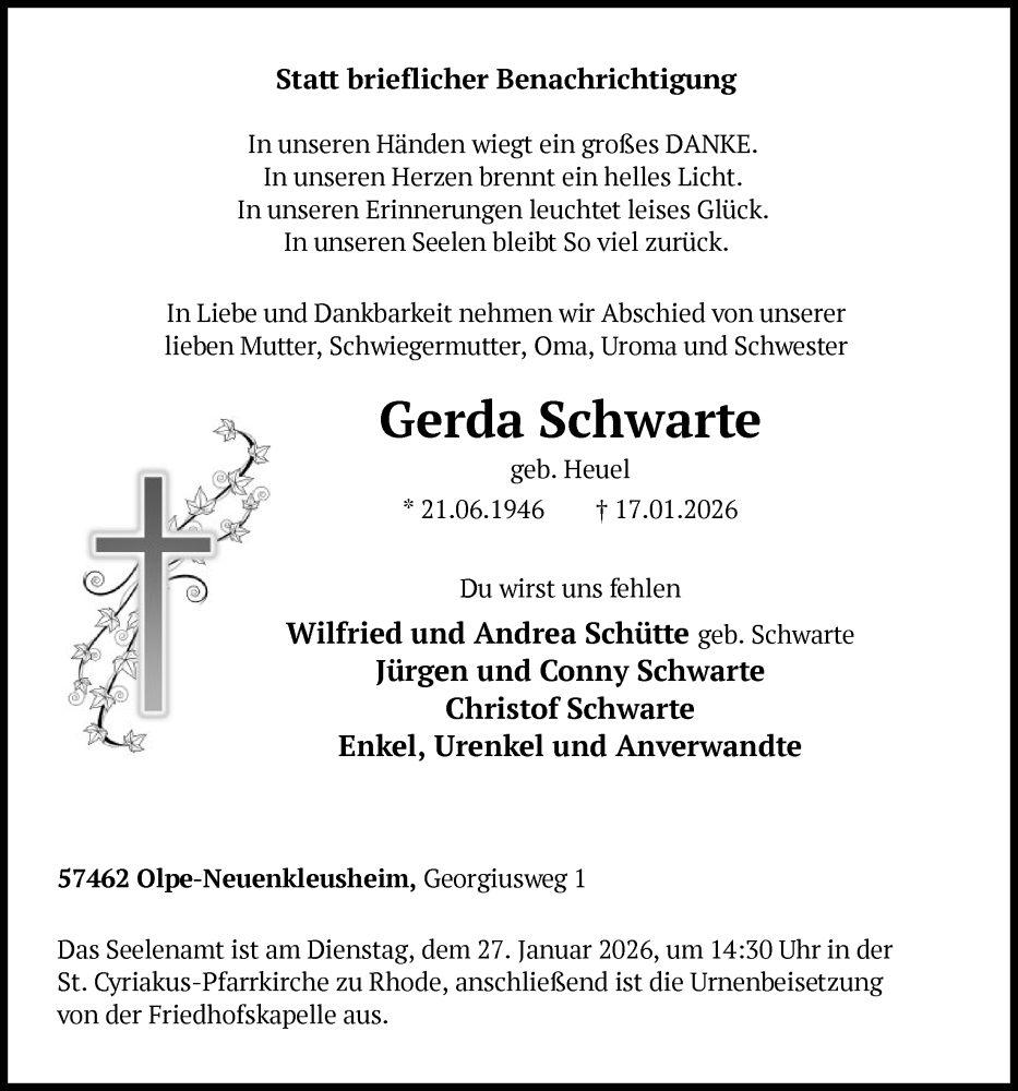  Traueranzeige für Gerda Schwarte vom 24.01.2026 aus HASK