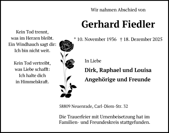 Traueranzeige von Gerhard Fiedler von HALN