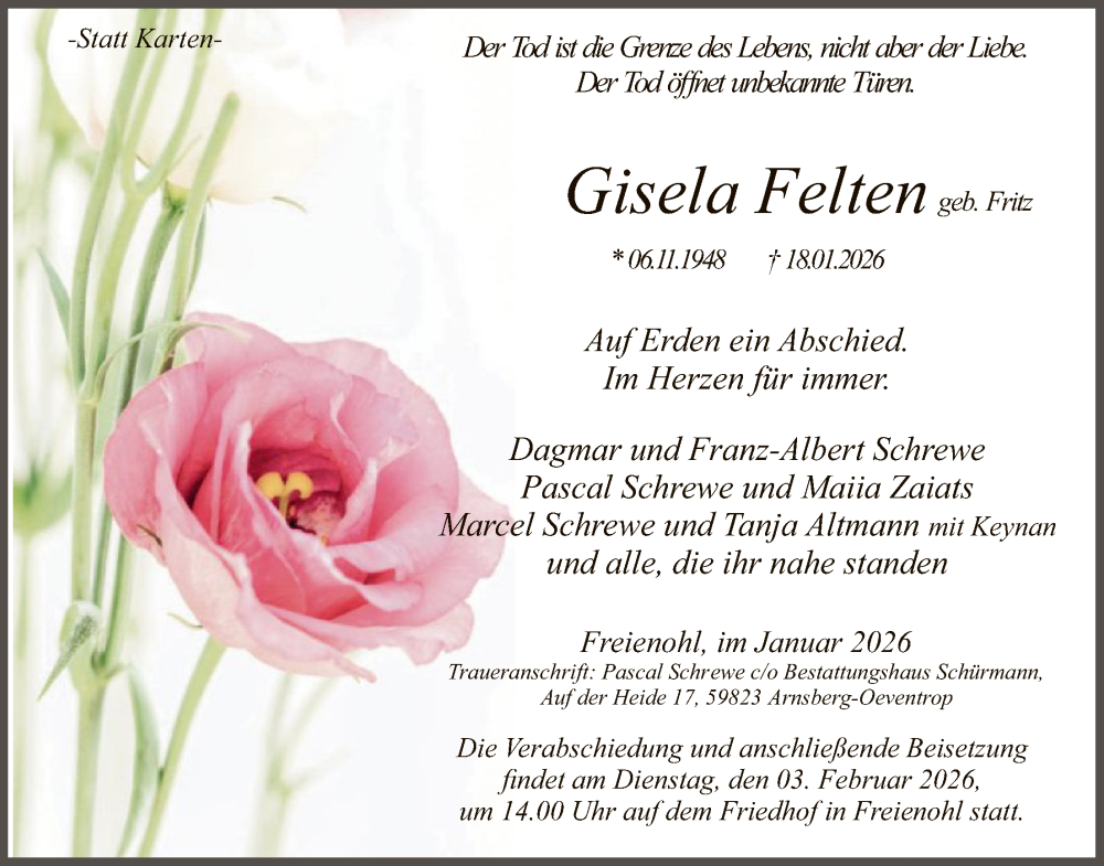  Traueranzeige für Gisela Felten vom 24.01.2026 aus HASK