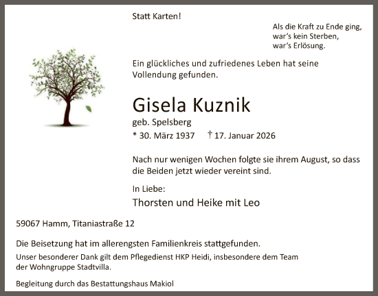 Traueranzeige von Gisela Kuznik von HAWAHASO