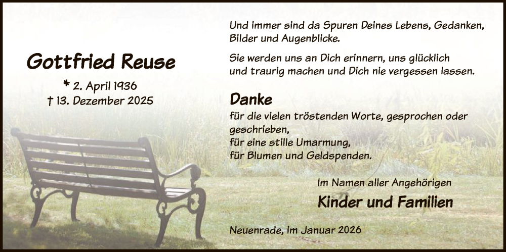  Traueranzeige für Gottfried Reuse vom 24.01.2026 aus HALN