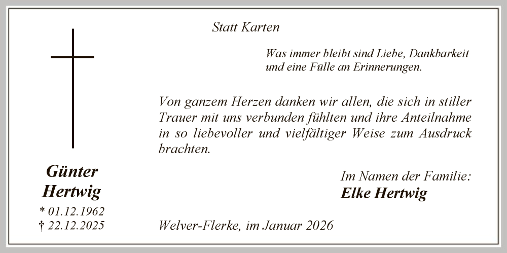  Traueranzeige für Günter Hertwig vom 24.01.2026 aus HASO