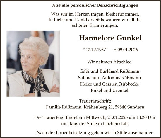 Traueranzeige von Hannelore Gunkel von HASK