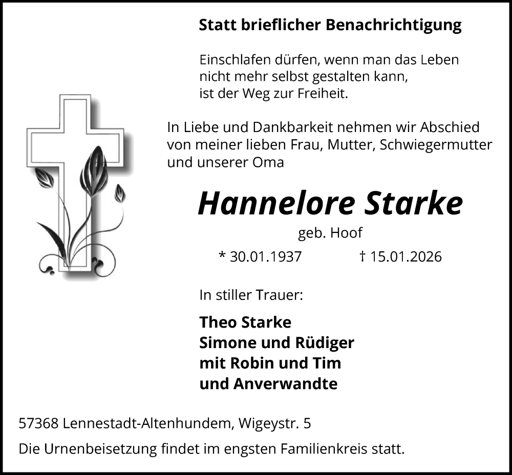 Traueranzeige für Hannelore Starke vom 24.01.2026 aus HASK