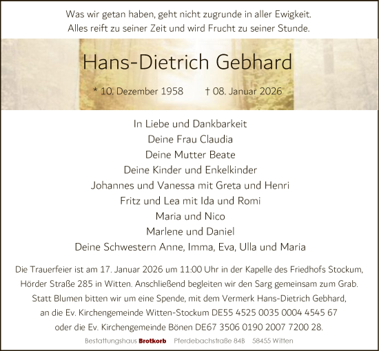 Traueranzeige von Hans-Dietrich Gebhard von HAWA