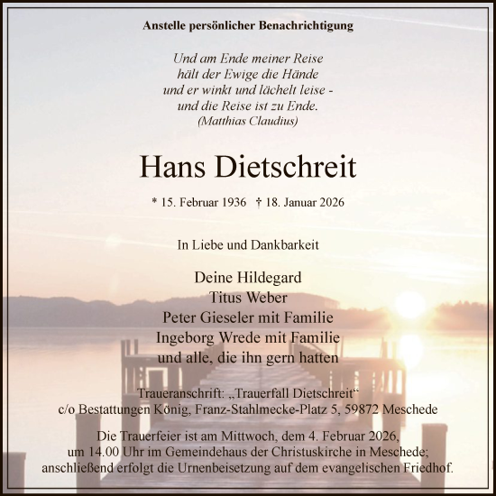 Traueranzeige von Hans Dietschreit von HASK
