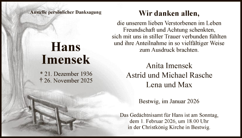  Traueranzeige für Hans Imensek vom 24.01.2026 aus HASK